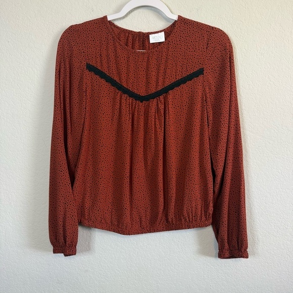 Abound Tops - Abound Rust Red Black Micro Polka Dot Lace Trim Long Sleeve Blouse Top Sze Small